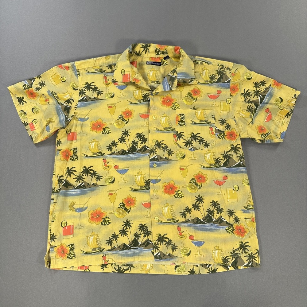 Blue Generation Shirt Mens Large Yellow Hawaiian Short Sleeve Button Up Tropical